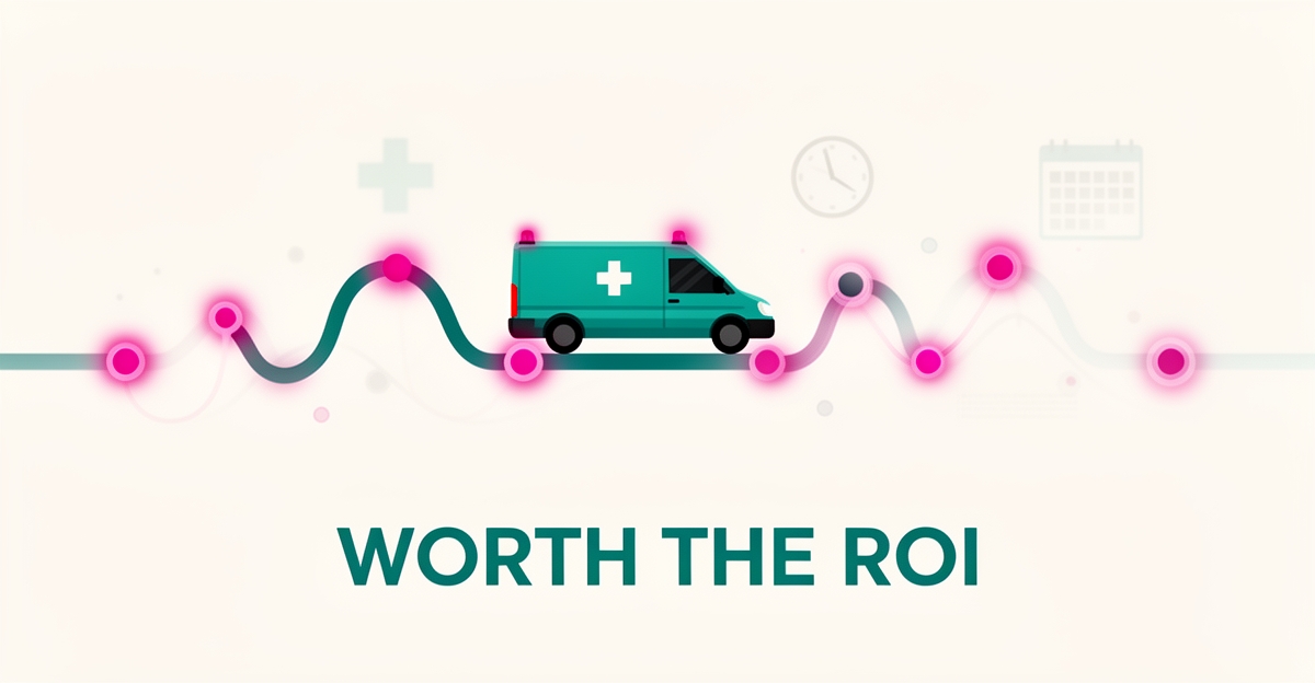 Flat illustration of a medical transport van on an optimized glowing route with teal and magenta accents and the headline Worth the ROI.