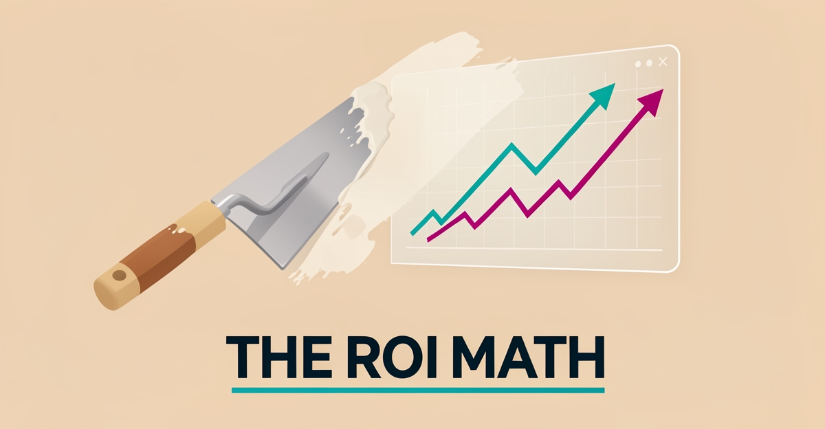Flat illustration of a plastering trowel smoothing a wall that transitions into digital ROI charts, with the headline The ROI Math.