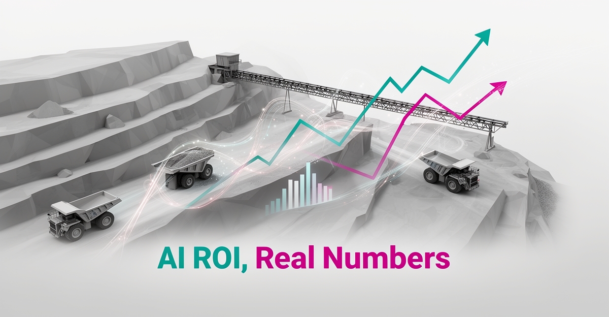Flat illustration of a quarry site with glowing data overlays and a rising ROI chart in teal and magenta, headline reading AI ROI, Real Numbers.