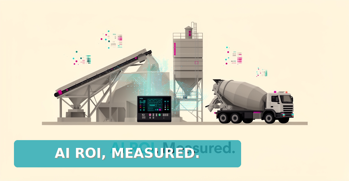 Flat illustration of a concrete batching plant with AI data streams in teal and magenta, headline reading AI ROI, Measured.