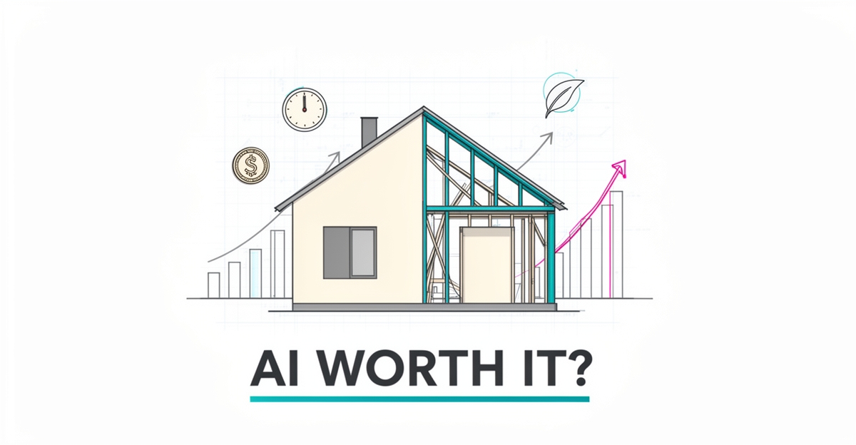 Flat illustration of a house under renovation with rising ROI charts in teal and magenta, headline asking if AI is worth it for remodelers.