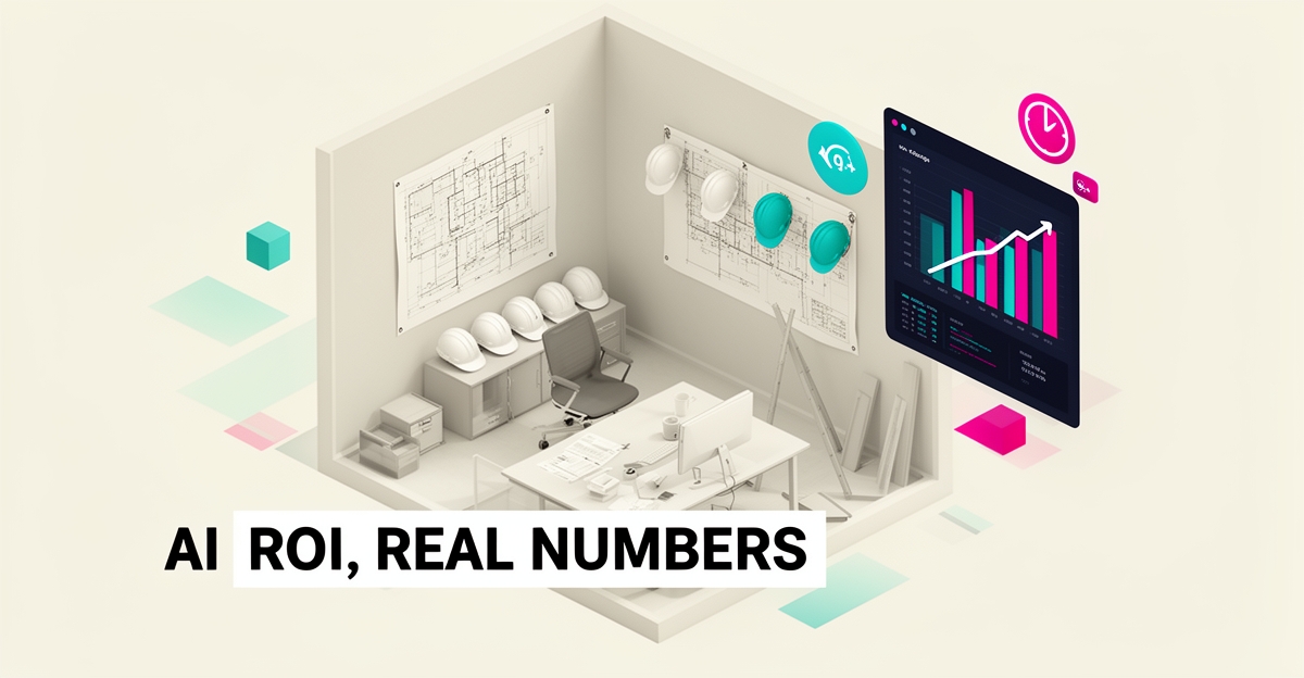 Flat illustration of a tenant improvement office with digital dashboard and charts showing AI-driven ROI and time savings.
