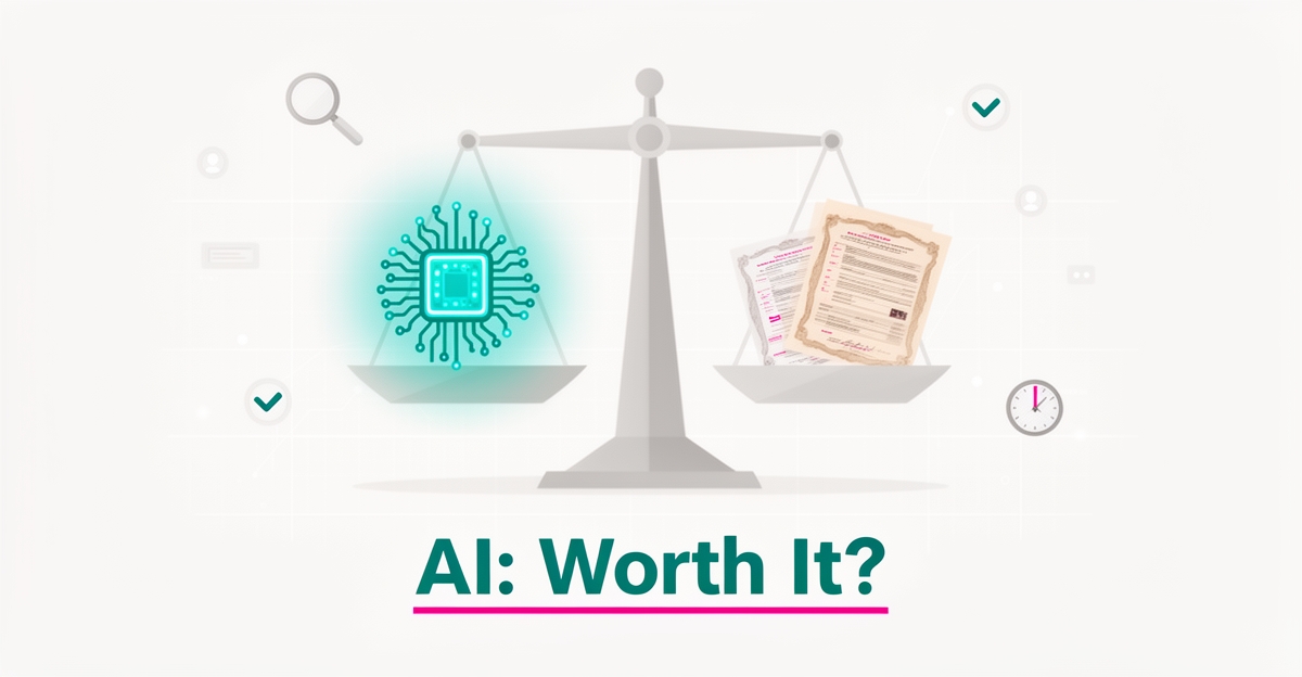 Flat illustration of a balance scale weighing an AI chip against bond documents, symbolizing the cost-benefit analysis of AI for surety bonding agencies.
