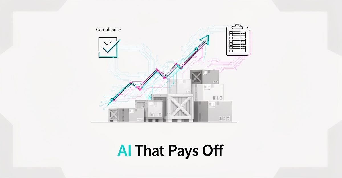 Flat illustration of an ROI growth chart over warehouse crates with AI compliance and tax icons in teal and magenta accents.