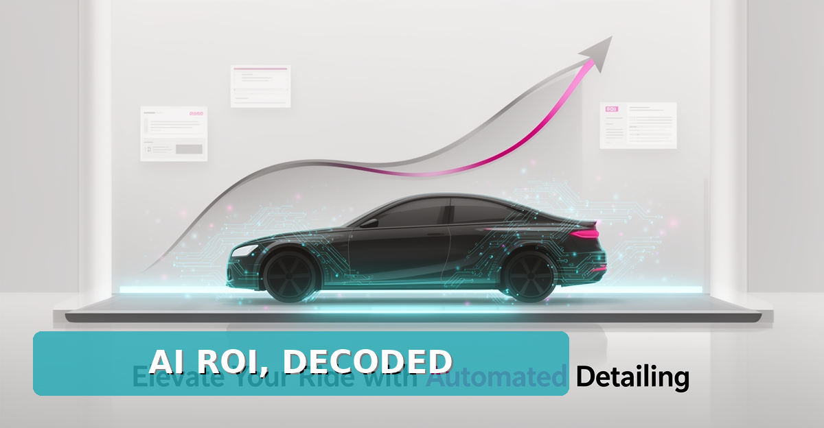 Flat illustration of a car in a detailing bay surrounded by AI circuit accents and a rising ROI curve in teal and magenta.