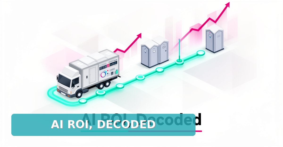 Flat illustration of a service truck on an AI-optimized route with portable toilets and rising ROI data accents.