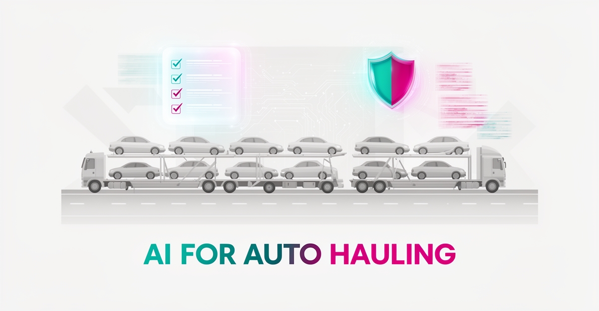 Flat illustration of car carrier trucks connected to AI compliance dashboard elements in teal and magenta, with headline reading AI for Auto Hauling.