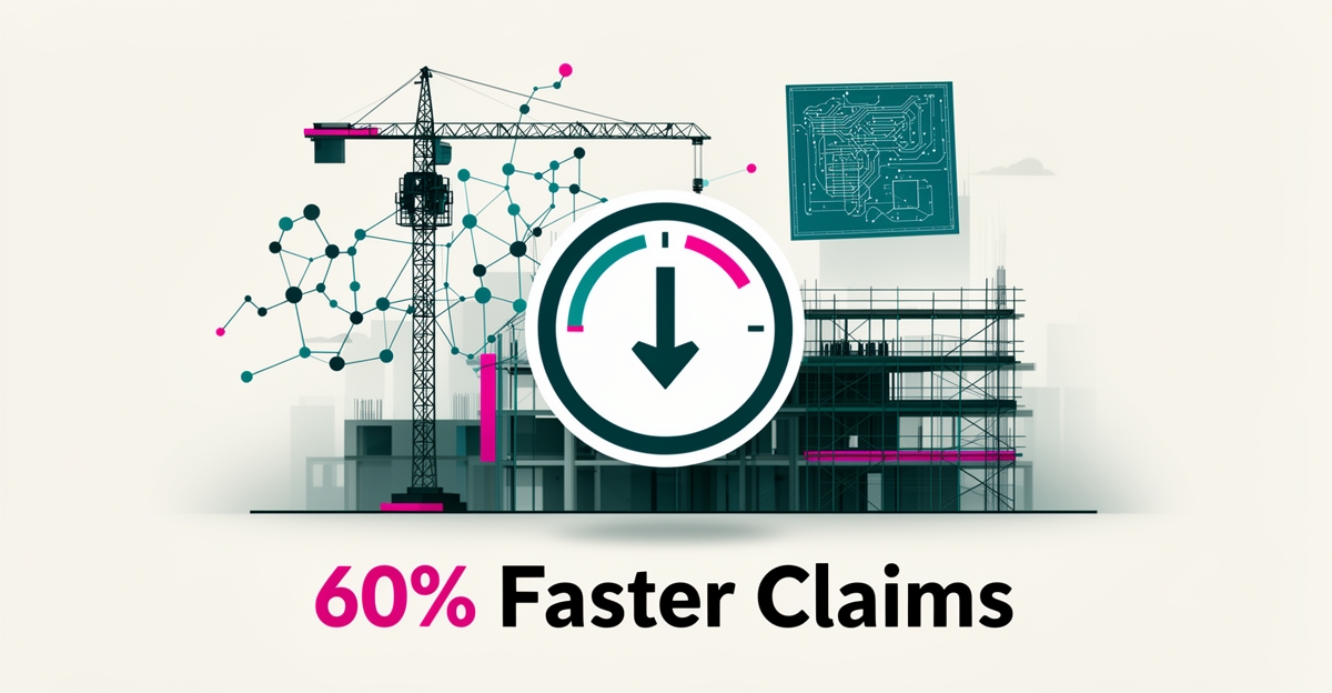 Flat illustration of a construction site with AI network overlay and a speed gauge highlighting 60% faster claims processing.