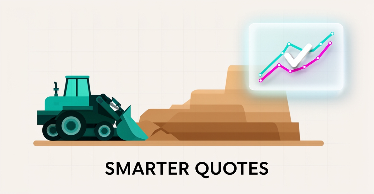 Flat illustration of an excavation site with an AI pricing interface overlay and the headline Smarter Quotes.