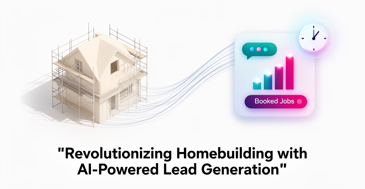 Flat illustration of a house under construction linked to an AI response panel with rising metrics, headlined Win More Leads.