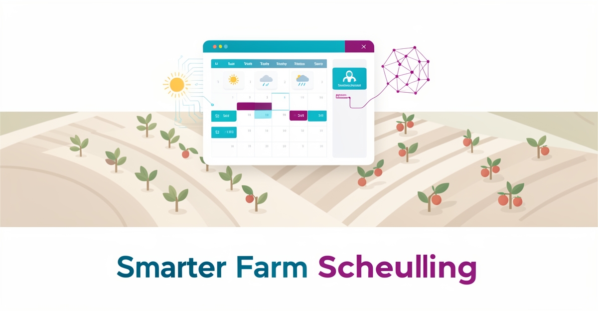 Flat illustration of an AI-driven farm scheduling system over stylized U-Pick fields with weather and calendar elements.