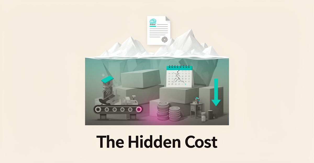 Flat illustration of a workshop with an iceberg below the surface symbolizing hidden OSHA non-compliance costs, accented in teal and magenta.