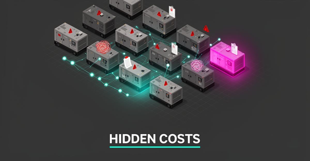 Flat illustration of a generator rental fleet shifting from chaotic manual tracking to organized AI-powered real-time visibility.