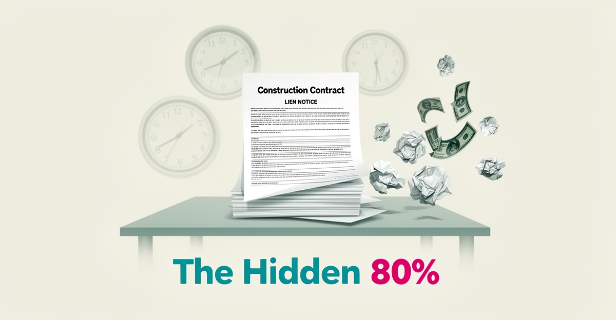 Flat illustration of construction lien paperwork with clocks and money drifting away, highlighting the hidden 80% cost of manual processing.