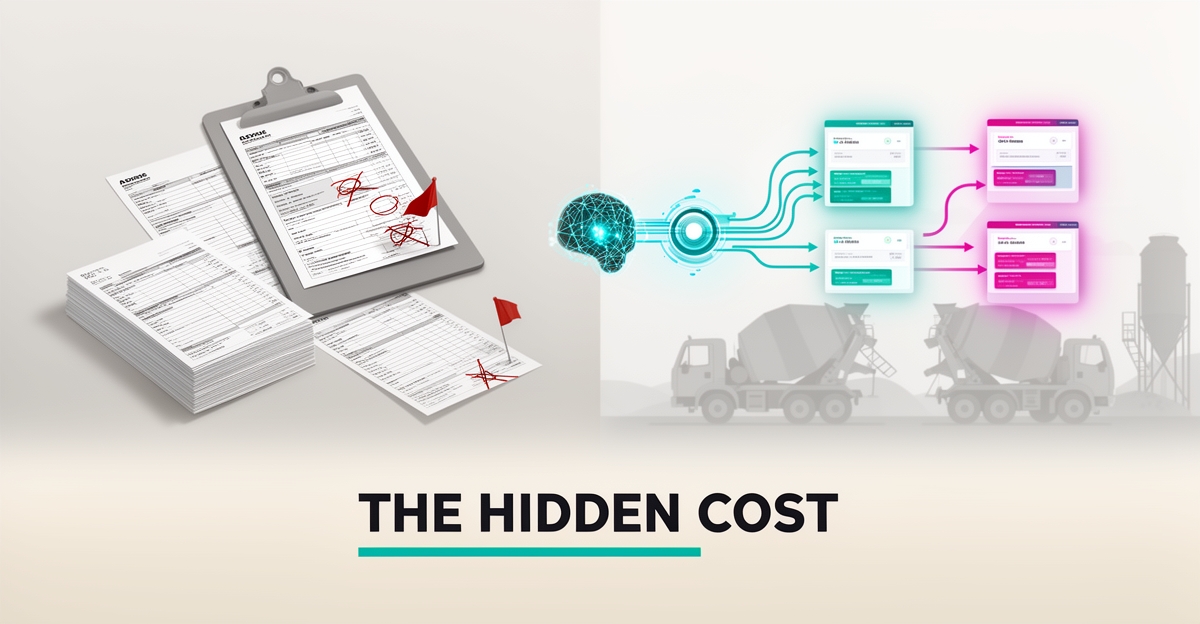 Flat illustration of paper order forms transforming into a streamlined AI digital dashboard, accented in teal and magenta, with headline 'The Hidden Cost'.