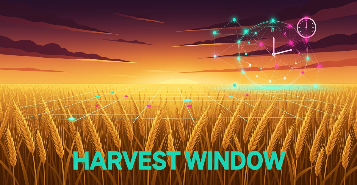 Flat illustration of a golden wheat field under a glowing AI data grid, with 'Harvest Window' headline in the lower third.