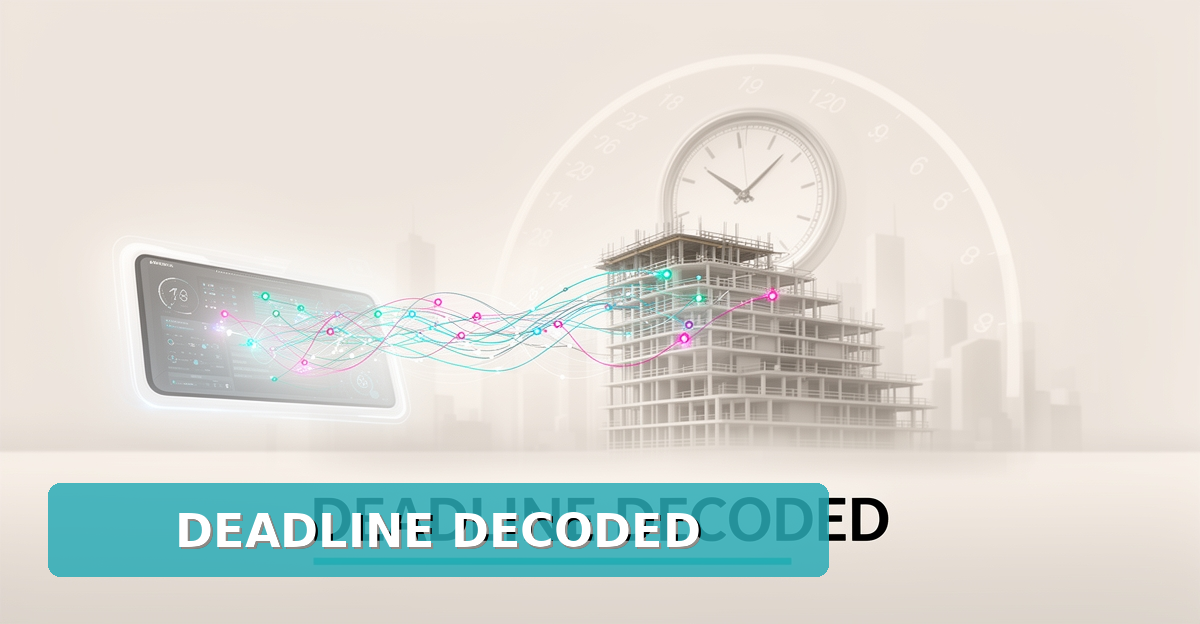 Flat illustration of a construction site with a clock and AI forecast data streams, headline reading Deadline Decoded.