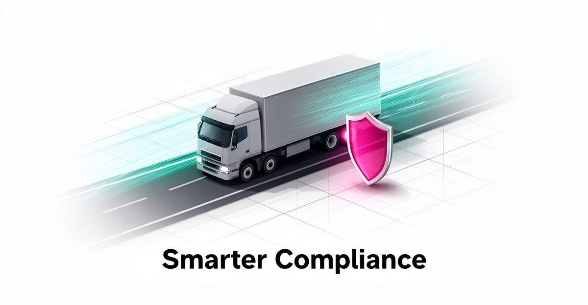 Flat illustration of a semi truck on a highway with digital data streams and a shield symbolizing AI-driven compliance monitoring.