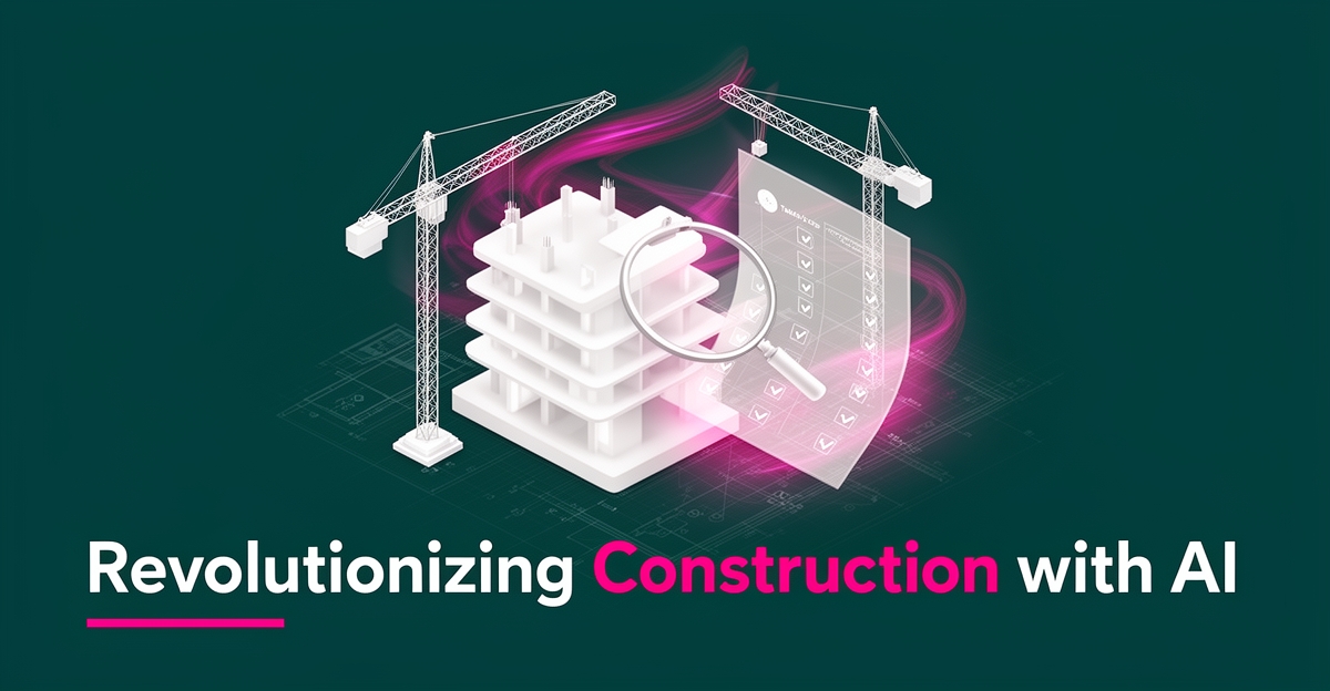 Flat illustration of a construction site with AI data elements, headline reading Smarter Bidding about AI estimating solutions.