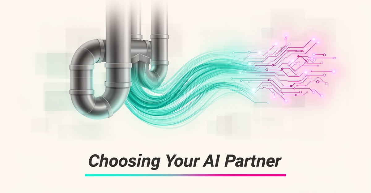 Flat illustration of air ducts merging into glowing AI circuit patterns with teal and magenta accents, headline reading Choosing Your AI Partner.