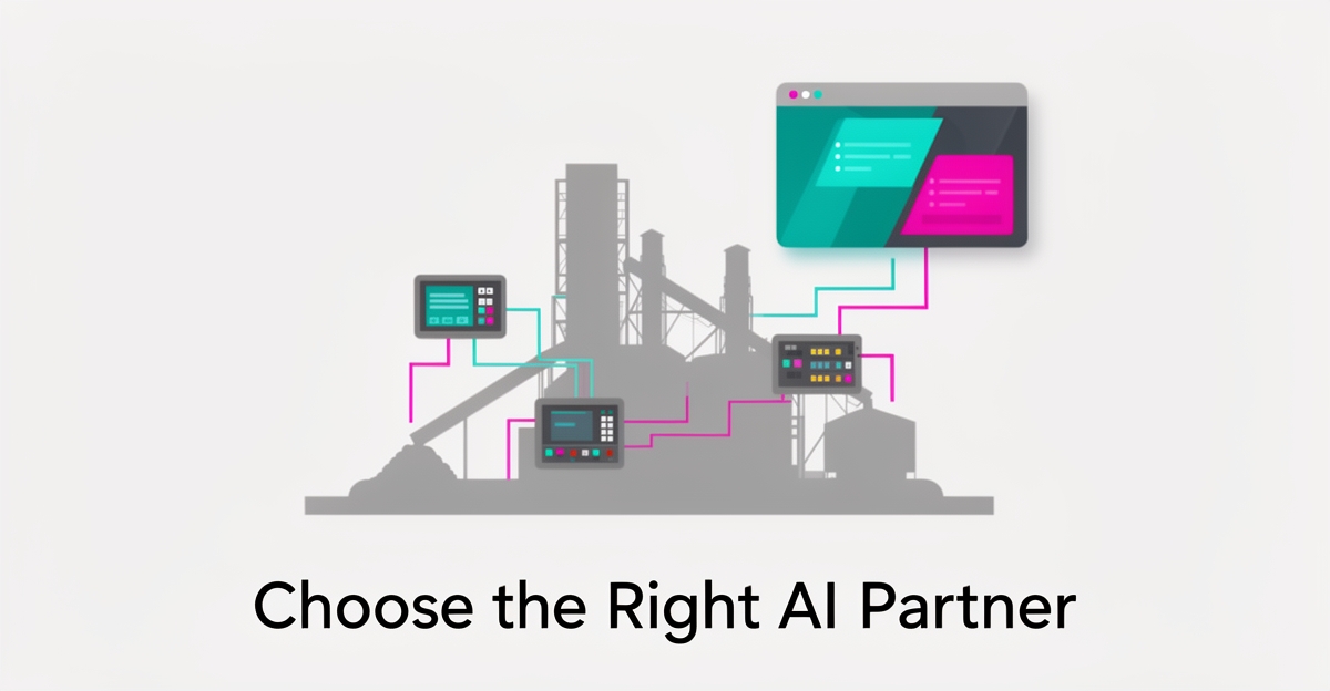 Flat illustration of an asphalt plant with connected automation dashboards and a headline about choosing the right AI partner.