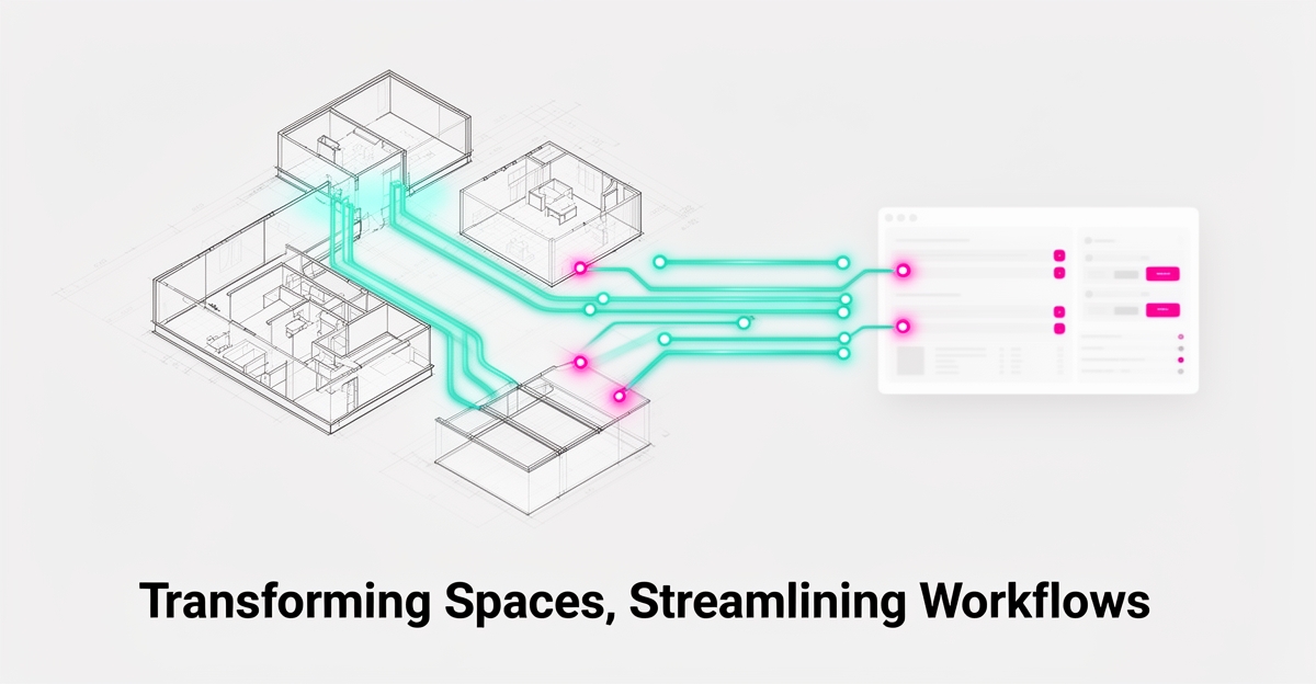 Flat illustration of a commercial building blueprint transforming into digital workflow nodes with teal and magenta accents, headlined Smarter TI Operations.