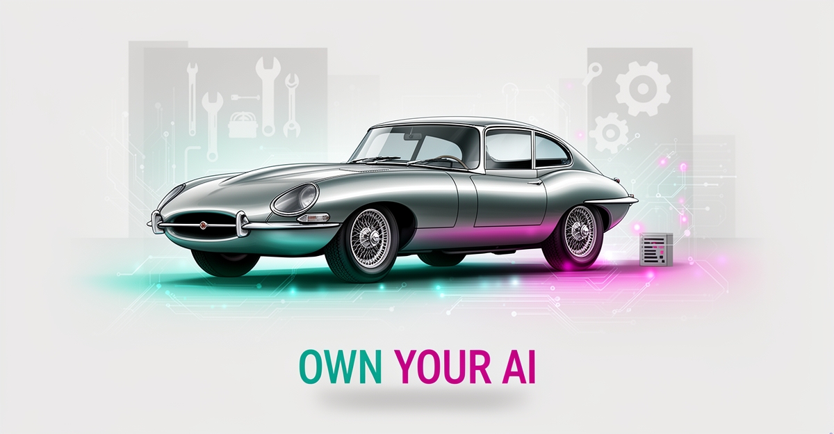 Flat illustration of a classic car in a minimalist garage surrounded by glowing AI circuit motifs in teal and magenta, with the headline Own Your AI.