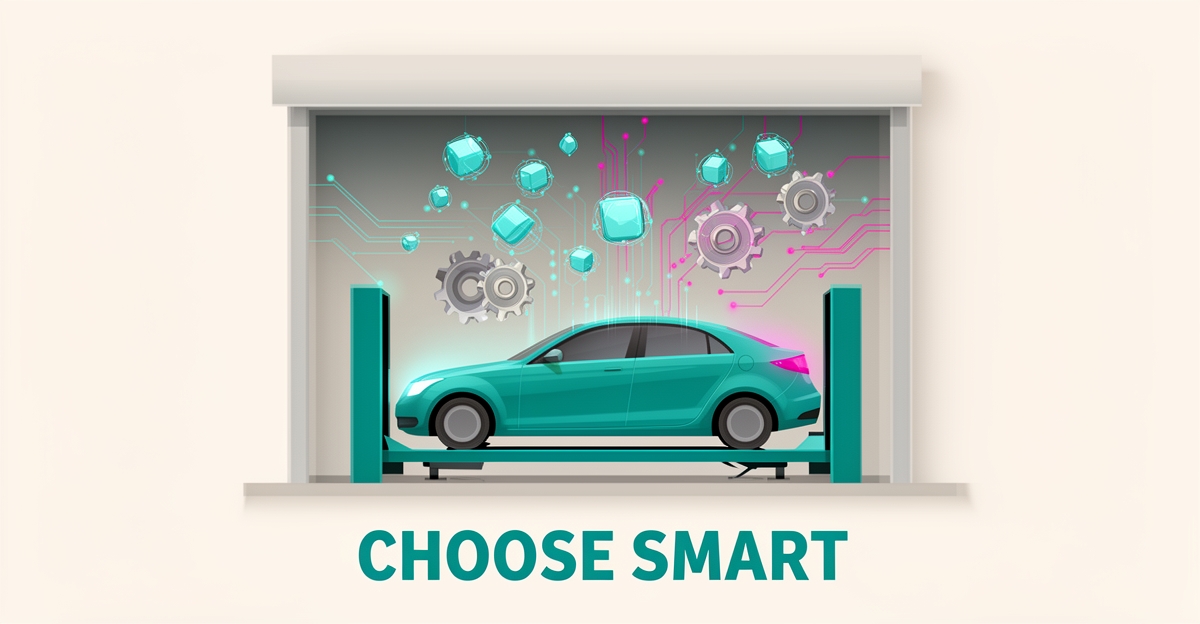 Flat illustration of an oil change service bay linked to AI circuit nodes in teal and magenta with headline Choose Smart.