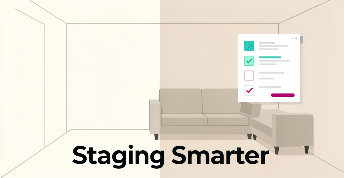 Flat illustration of an empty room being virtually staged by AI with a checklist panel, accented in teal and magenta.