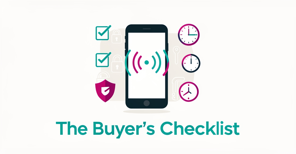 Flat illustration of a smartphone capturing incoming calls with checklist icons, symbolizing an AI solution buyer's checklist for locksmiths.