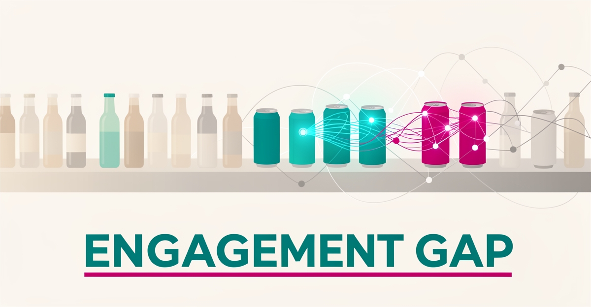 Flat illustration of beverage bottles on a conveyor merging into glowing AI data nodes in teal and magenta, with the headline 'Engagement Gap'.