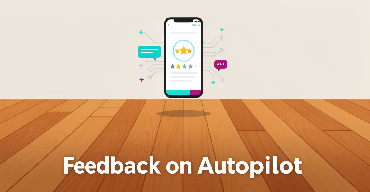 Flat illustration of hardwood flooring with a smartphone sending automated five-star AI feedback, accented in teal and magenta.