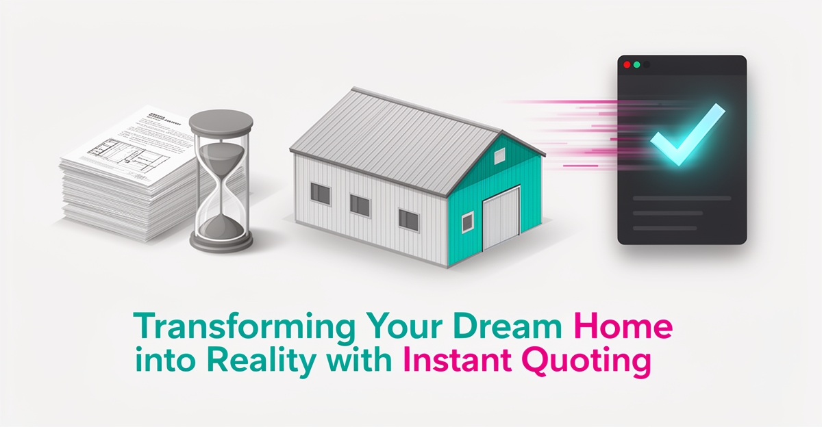 Flat illustration of a barndominium transforming from paper paperwork to a fast digital AI quoting interface in teal and magenta.