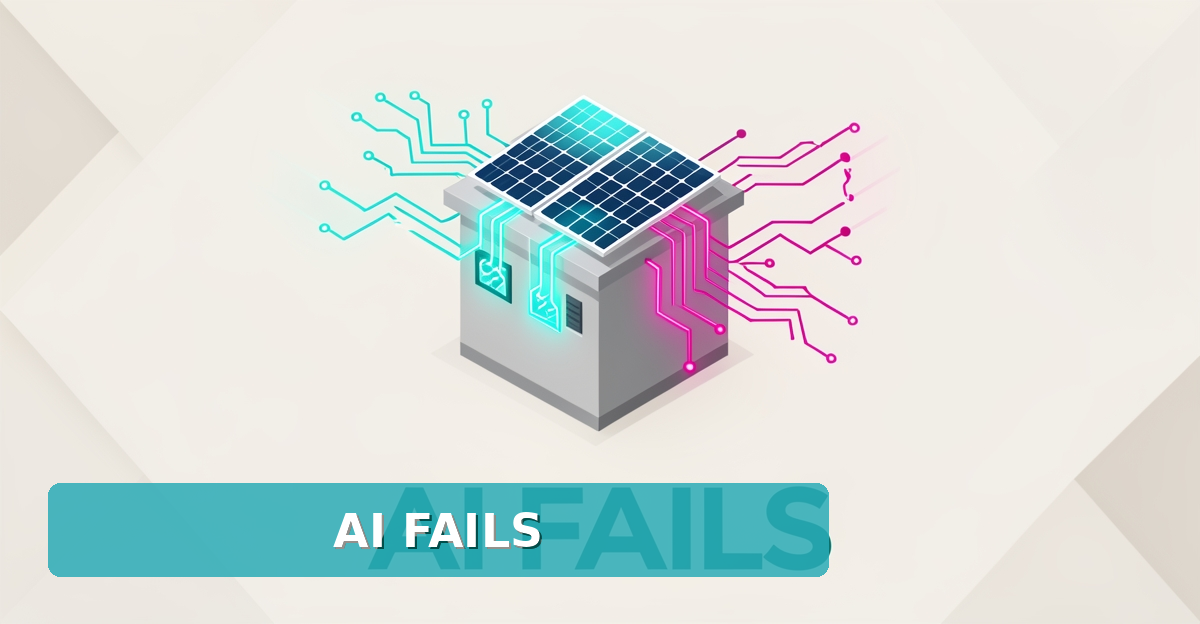 Flat illustration of a home battery and solar panels with broken AI data connections, headline reading AI Fails.