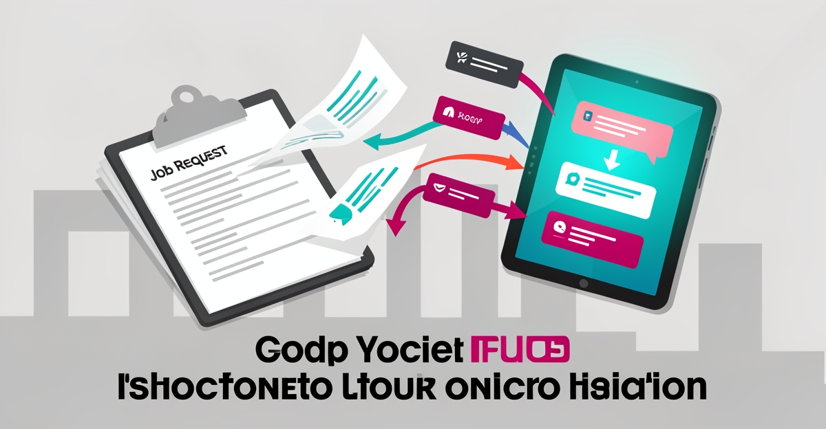 Flat illustration of paper job requests transforming into digital AI-routed workflow cards, accented in teal and magenta.