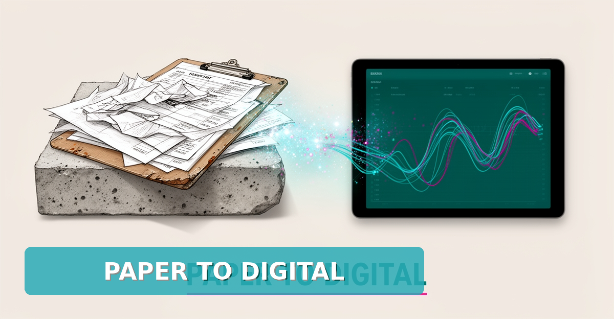 Flat illustration of paper job tickets transforming into a digital tablet dashboard with teal and magenta accents, headline reading Paper to Digital.