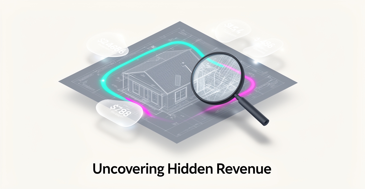 Flat illustration of a construction blueprint being scanned by a magnifying glass with teal and magenta accents, headline reading The $10K Blind Spot.