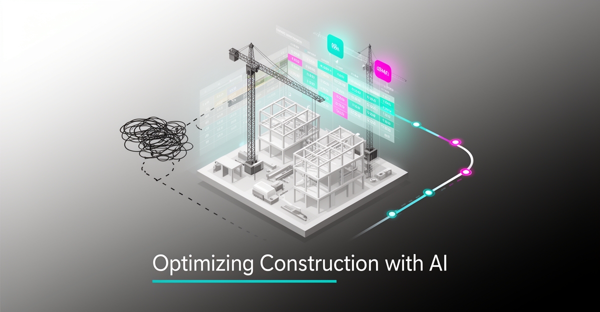 Flat illustration of a construction site with a glowing AI scheduling grid in teal and magenta, contrasting tangled and smooth project timelines.