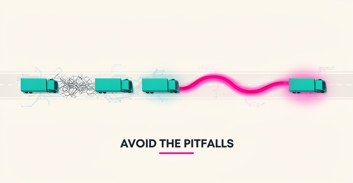 Flat illustration of a truck fleet with a tangled route transforming into an optimized AI-driven path in teal and magenta.