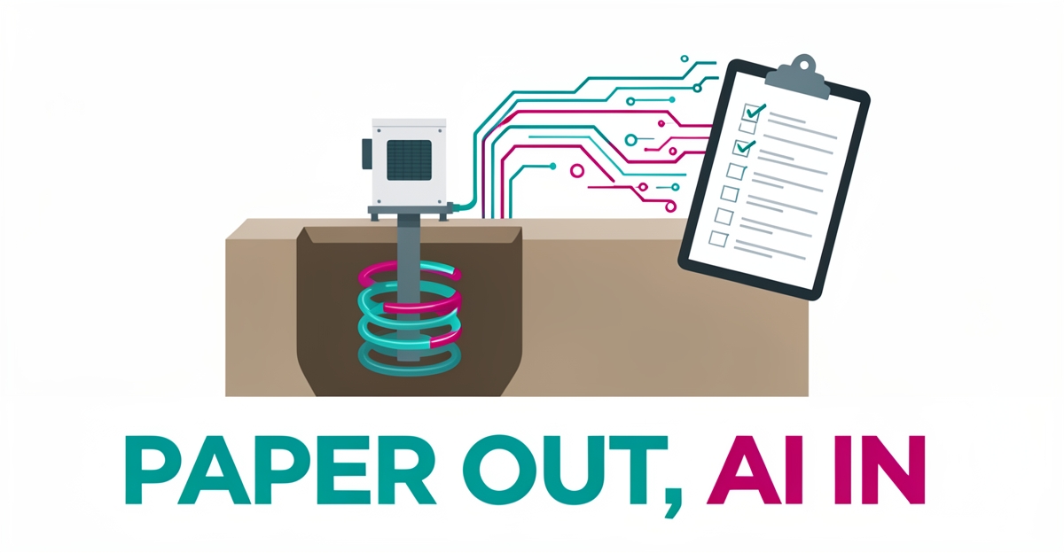 Flat illustration of a geothermal heat pump installation with paper checklists transforming into digital AI data streams in teal and magenta.