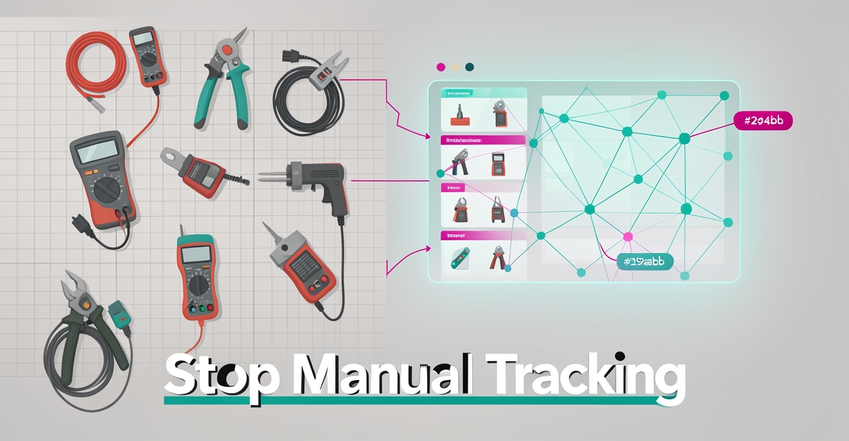 Flat illustration of electrical tools transitioning from paper spreadsheets to a teal and magenta AI-powered digital inventory grid with the headline Stop Manual Tracking.
