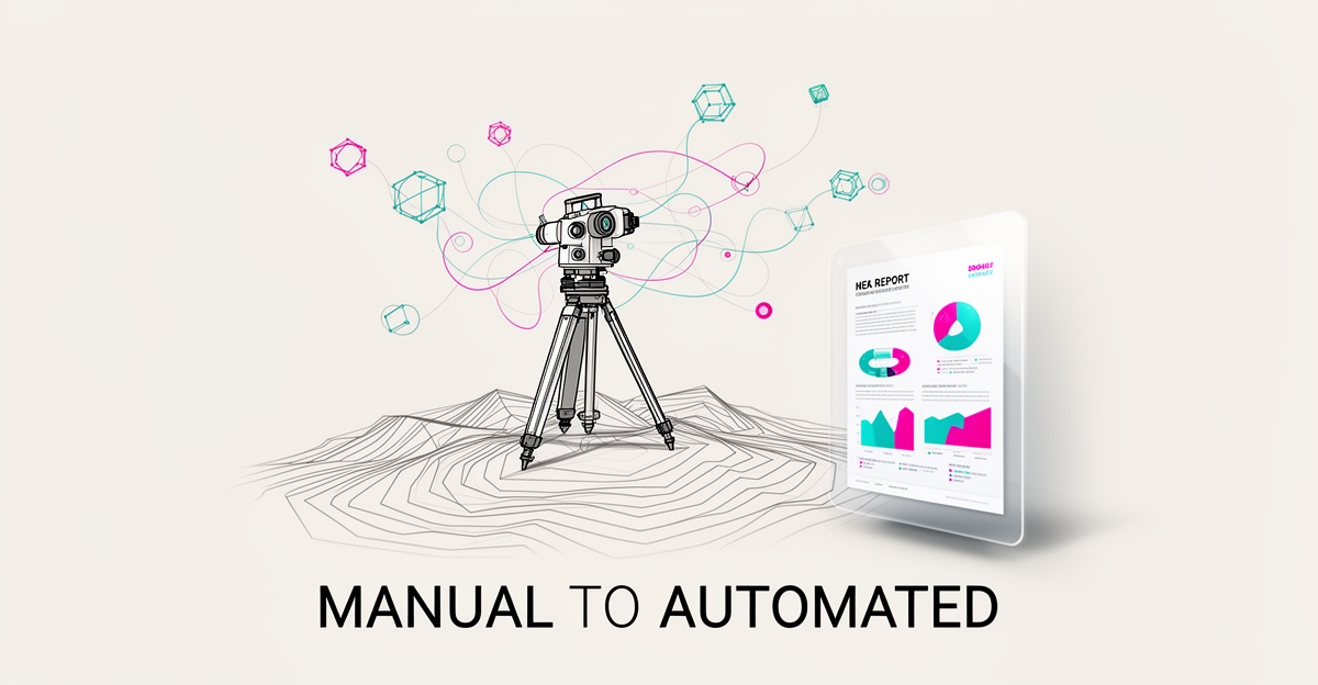 Flat illustration of a surveying instrument transmitting field data into an automated digital report with teal and magenta accents.