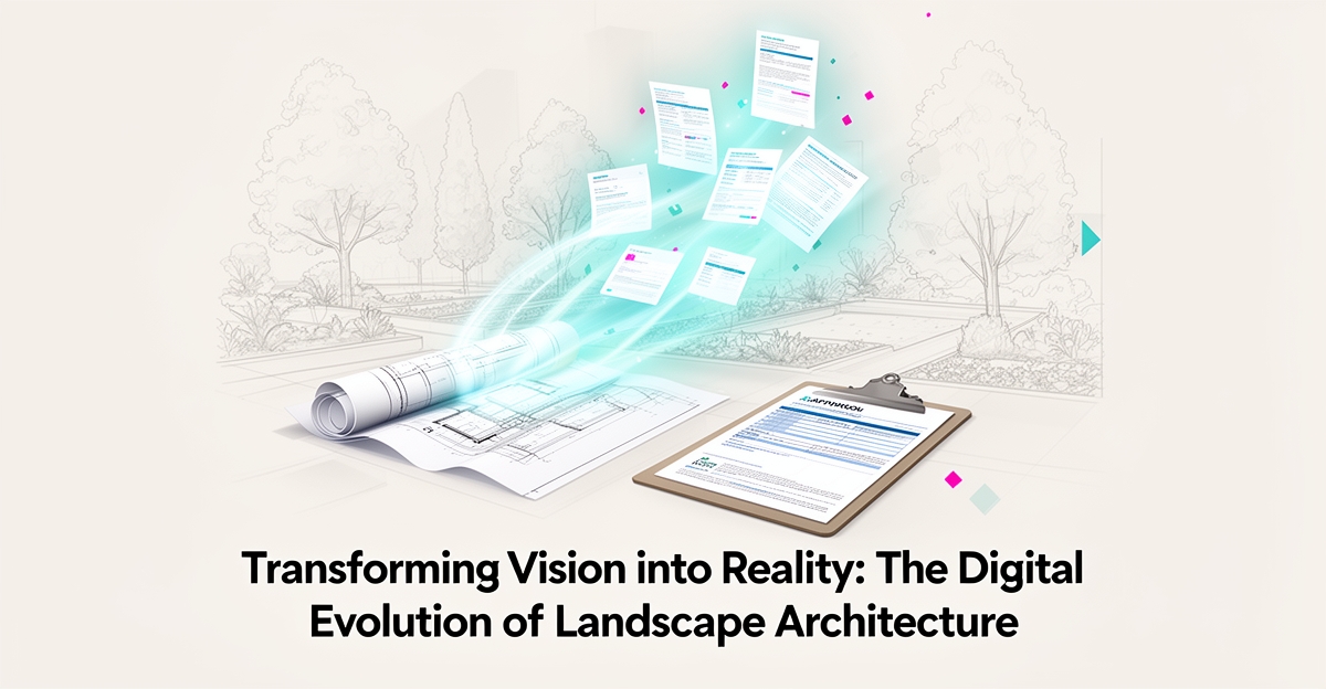 Flat illustration of paper approval forms turning into digital documents over a stylized landscape design, accented in teal and magenta.