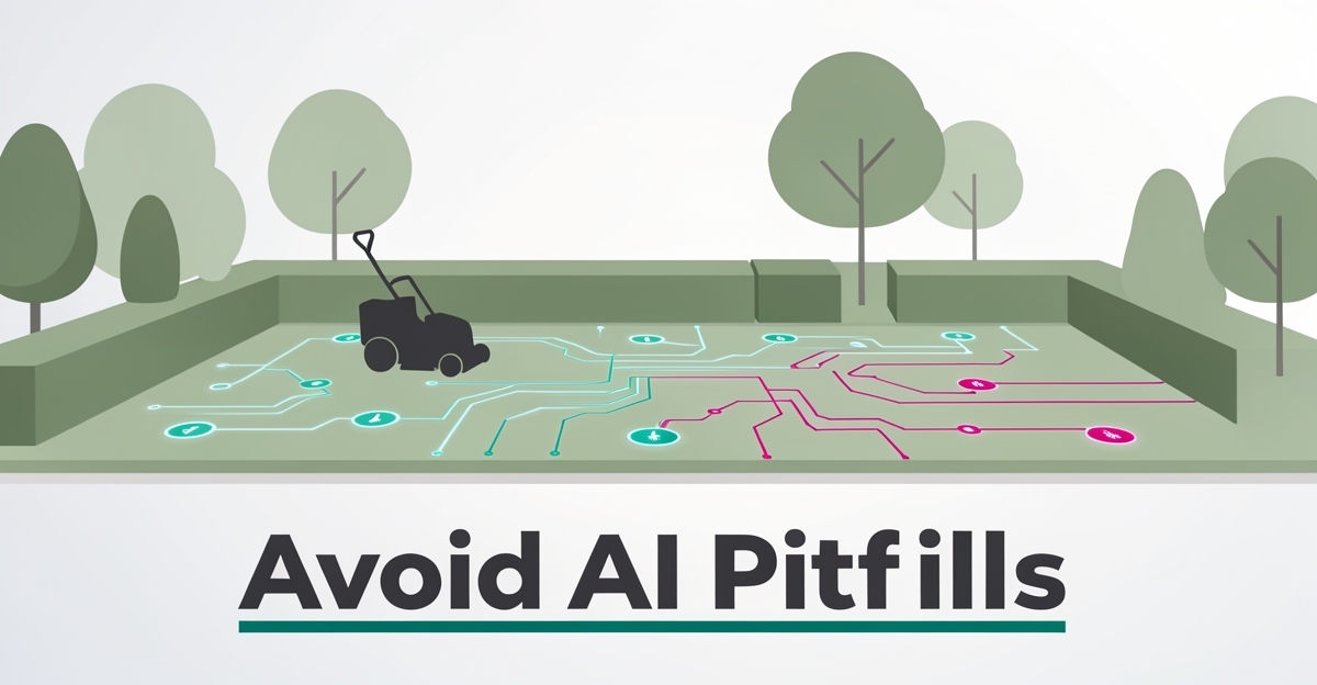 Flat illustration of a landscaped garden interwoven with glowing teal and magenta AI circuit pathways, headlined Avoid AI Pitfalls.