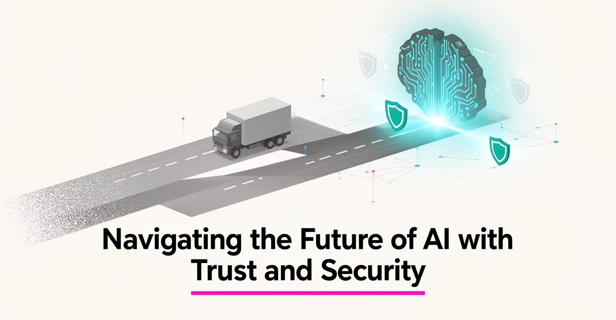 Flat illustration of a moving truck navigating split paths toward an AI brain with trust-shield icons in teal and magenta.