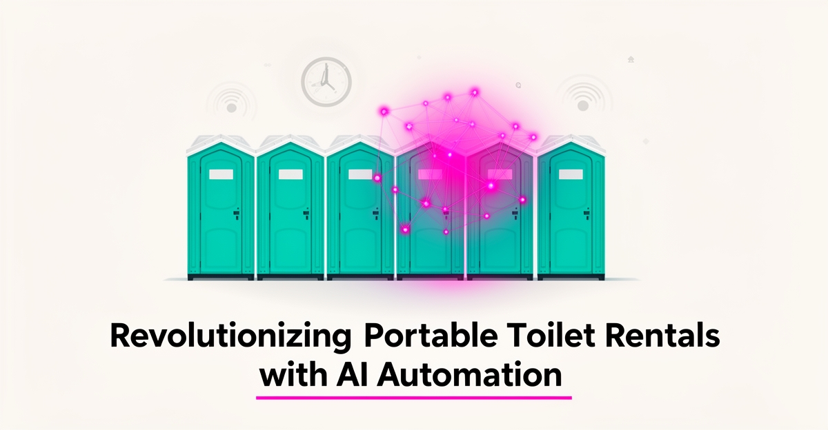 Flat illustration of portable toilets connected by glowing AI network lines, with headline End Manual Bookings.