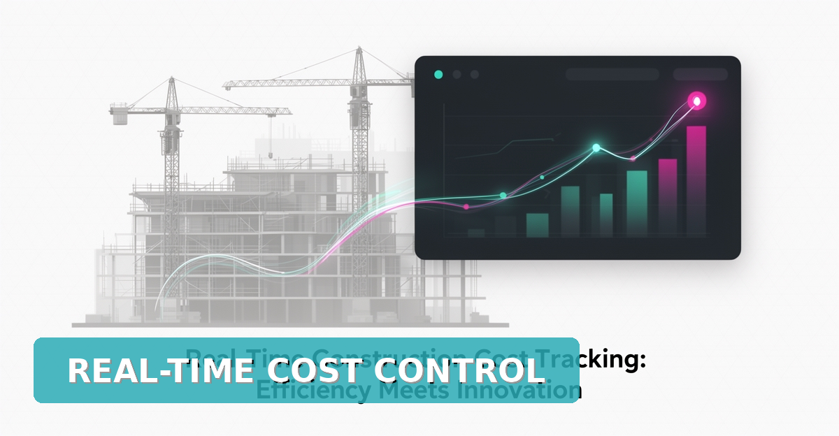 Flat illustration of a construction site feeding real-time cost data into an AI dashboard with teal and magenta accents.
