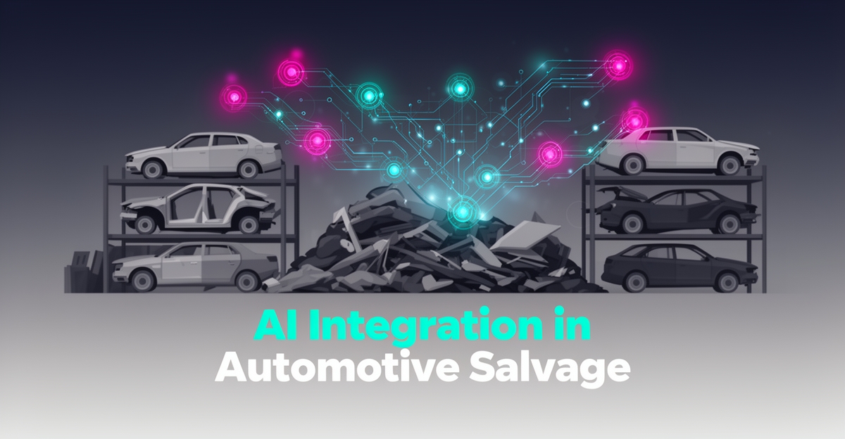 Flat illustration of a salvage yard with glowing teal and magenta AI network lines overlaid, headlined AI Adoption Fails.