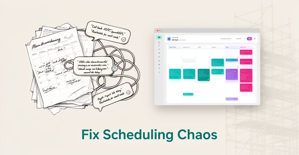 Flat illustration of a cluttered paper calendar transforming into a clean AI-powered digital scheduling dashboard with teal and magenta accents.