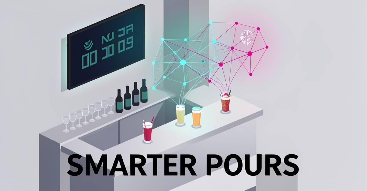 Flat illustration of a sports bar with AI data streams in teal and magenta linking to drinks, titled Smarter Pours.